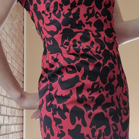 Venus Leopard Print Cap Sleeve Fitted Dress Red - Picture 8 of 12